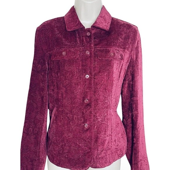 Croft & Barrow Red Burgundy Floral Textured Jacket Blazer Women's S Button Up - Picture 1 of 10